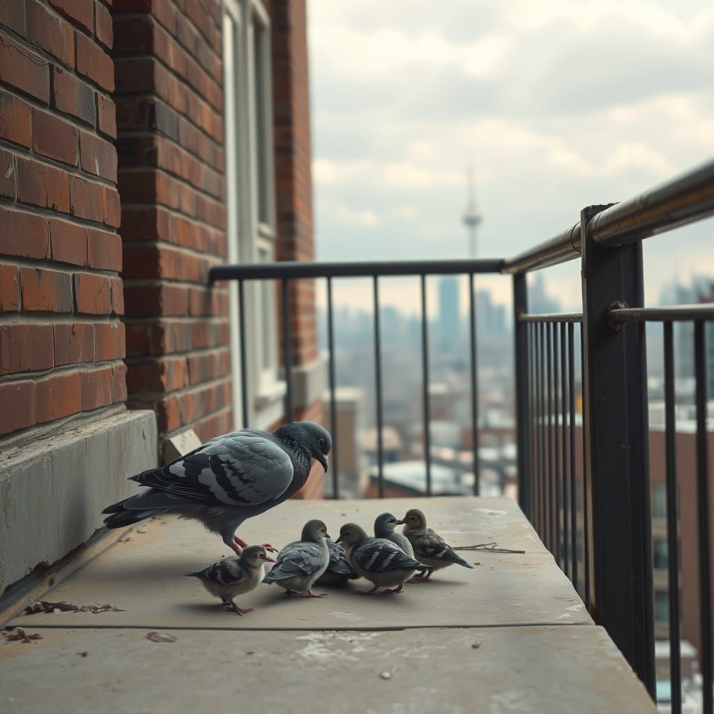 Mother Pigeon in Futuristic Cityscape