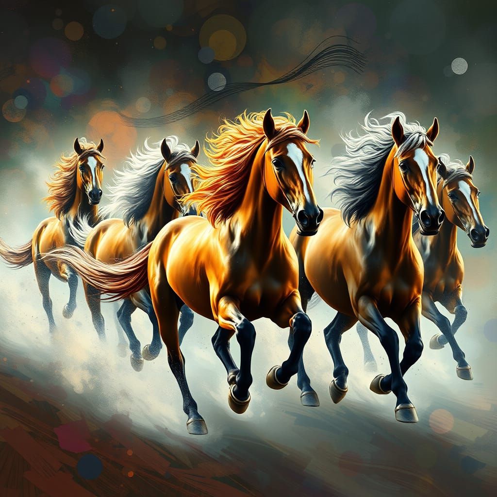 Galloping Horses in Surreal Hyperrealistic Splash Art