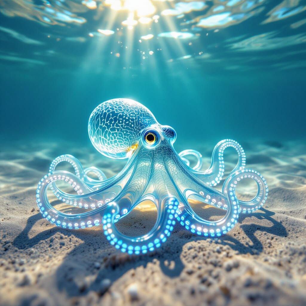 Glass Octopus Glowing Neon Blue on Sandy Ocean Floor