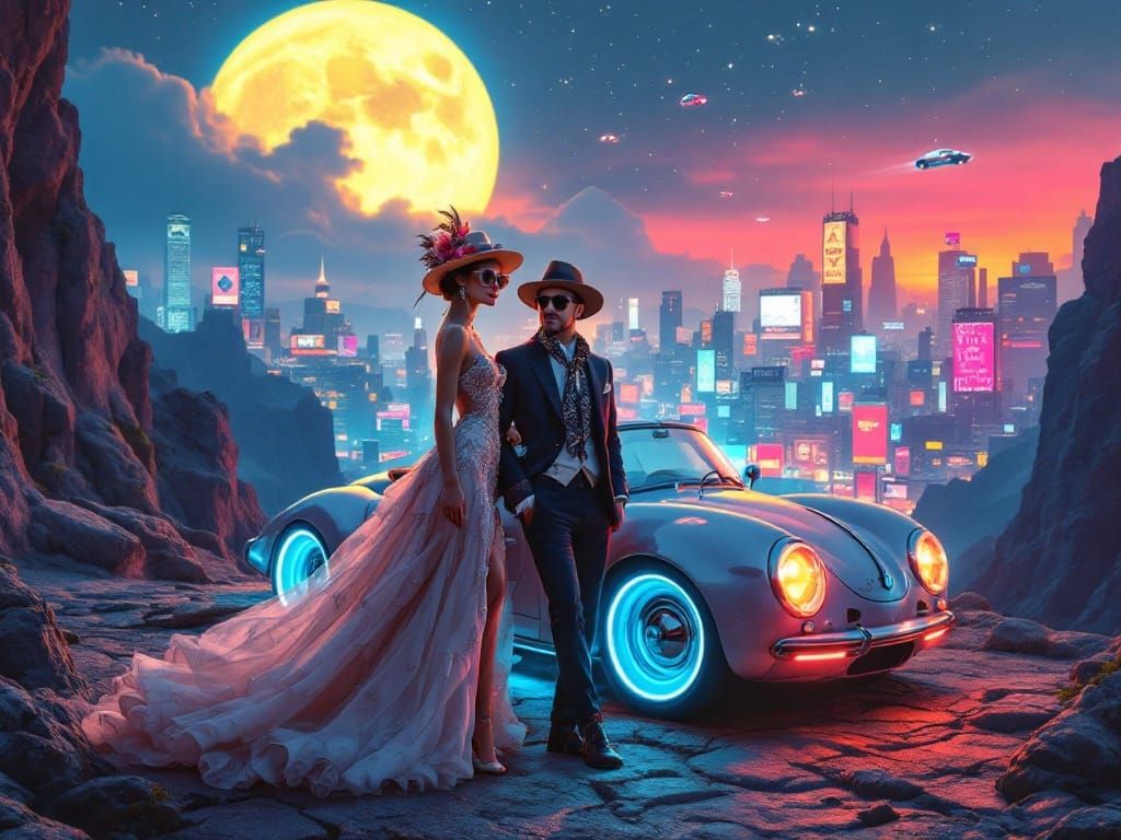 Elegant Woman in Vintage Glamour with Retro-Futuristic Citys...