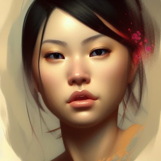 Beautiful Bald Asian Girl Portrait in Art Nouveau Style