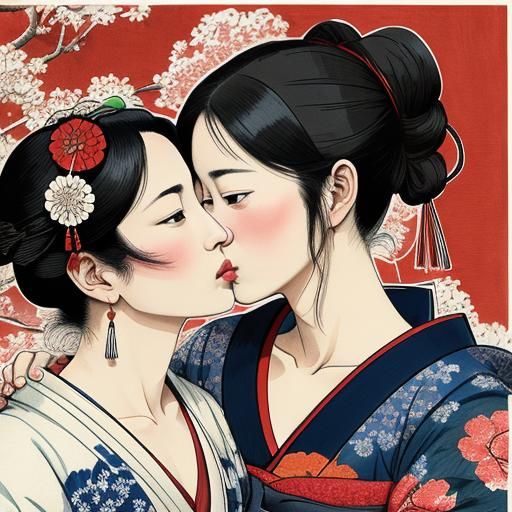 The Kiss: Ukiyo-e Woodblock Print of Two Women