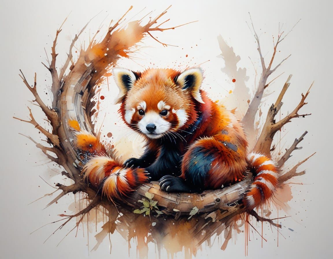 Red Panda Curled in Autumn Tree Hollow in Watercolour Style