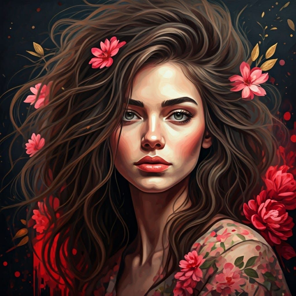 Abstract Portrait of Woman with Flowers in Tactile Painting