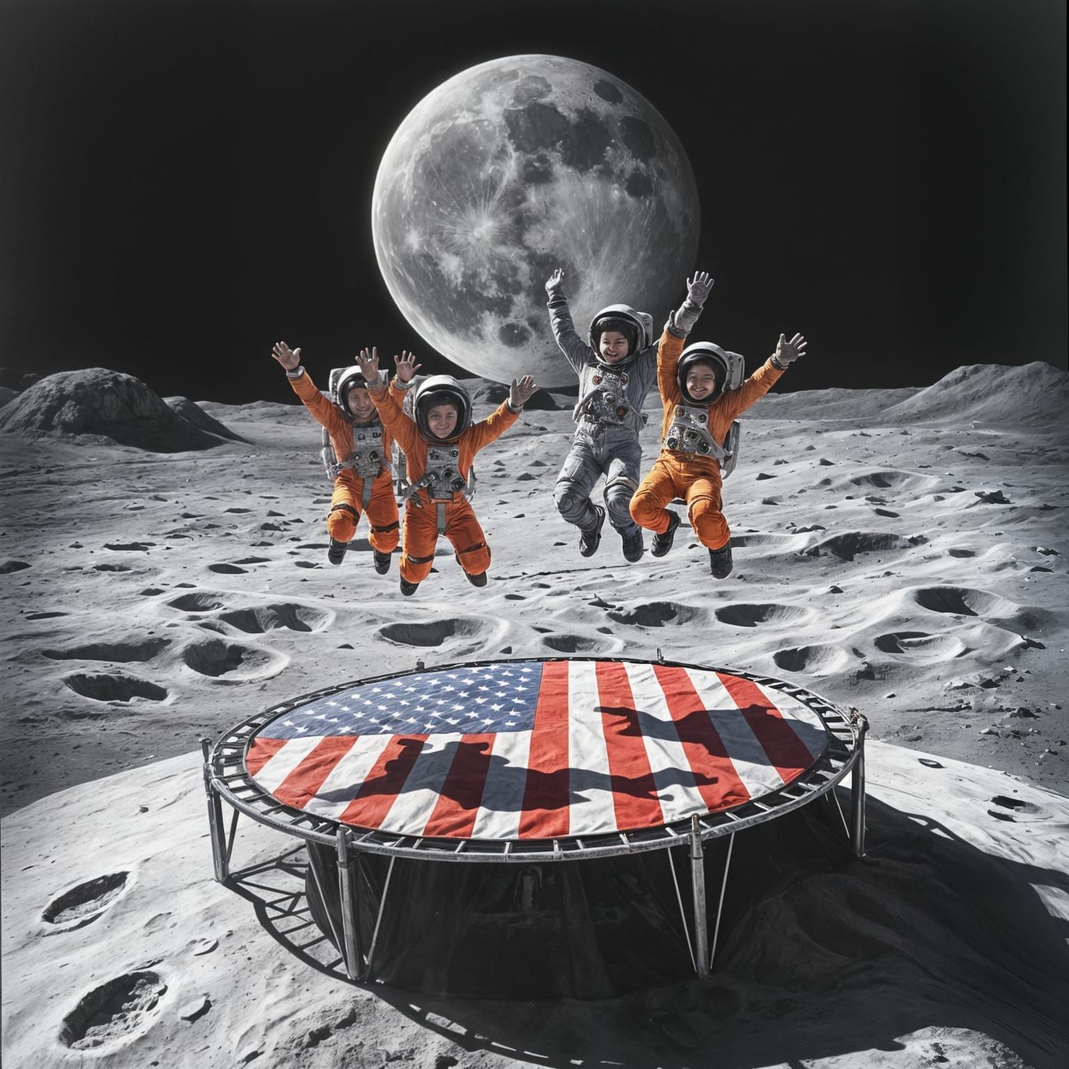 Kid astronauts jumping on an American Flag trampoline on the...
