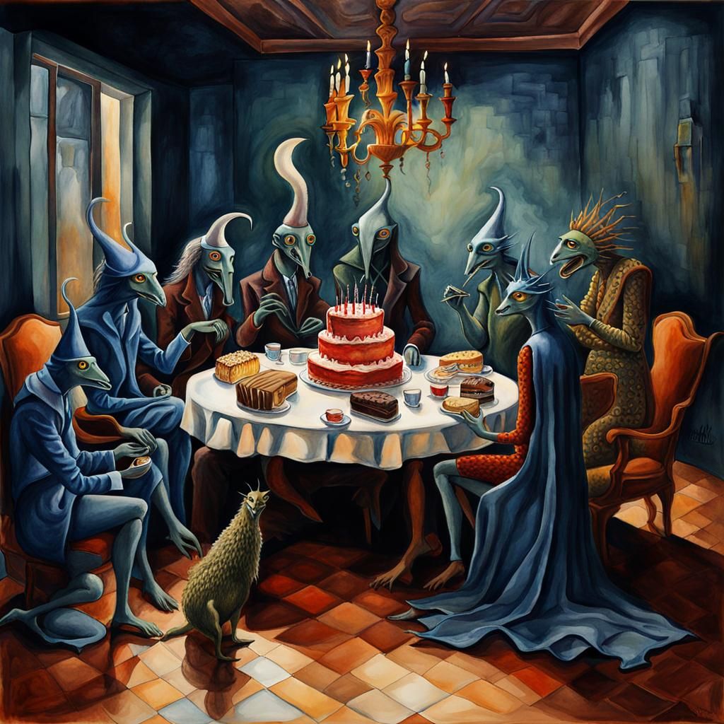 Surreal Beings Celebrate with Cake: Watercolor Art