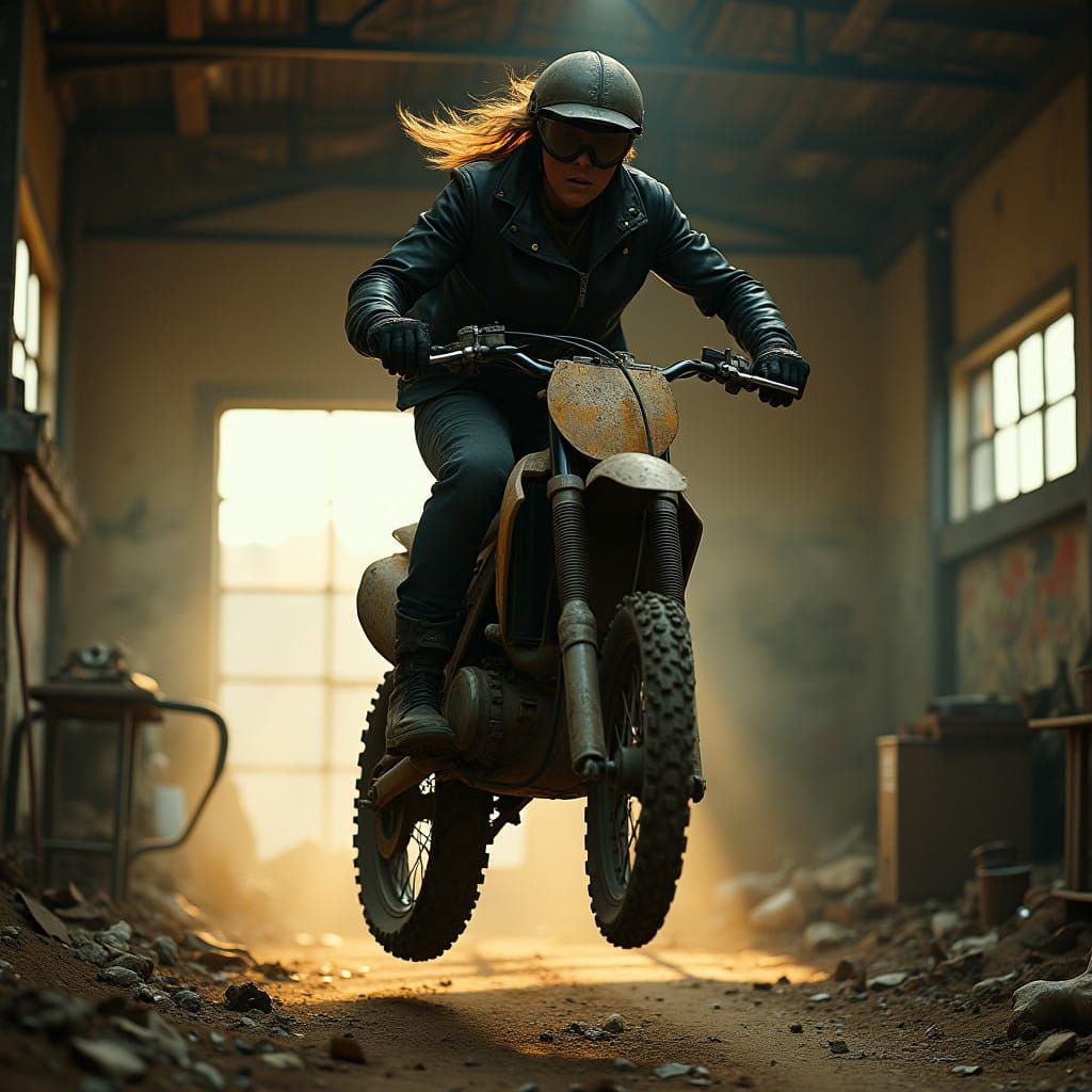 Elderly Woman Thrills in Abandoned Garage Motocross Scene