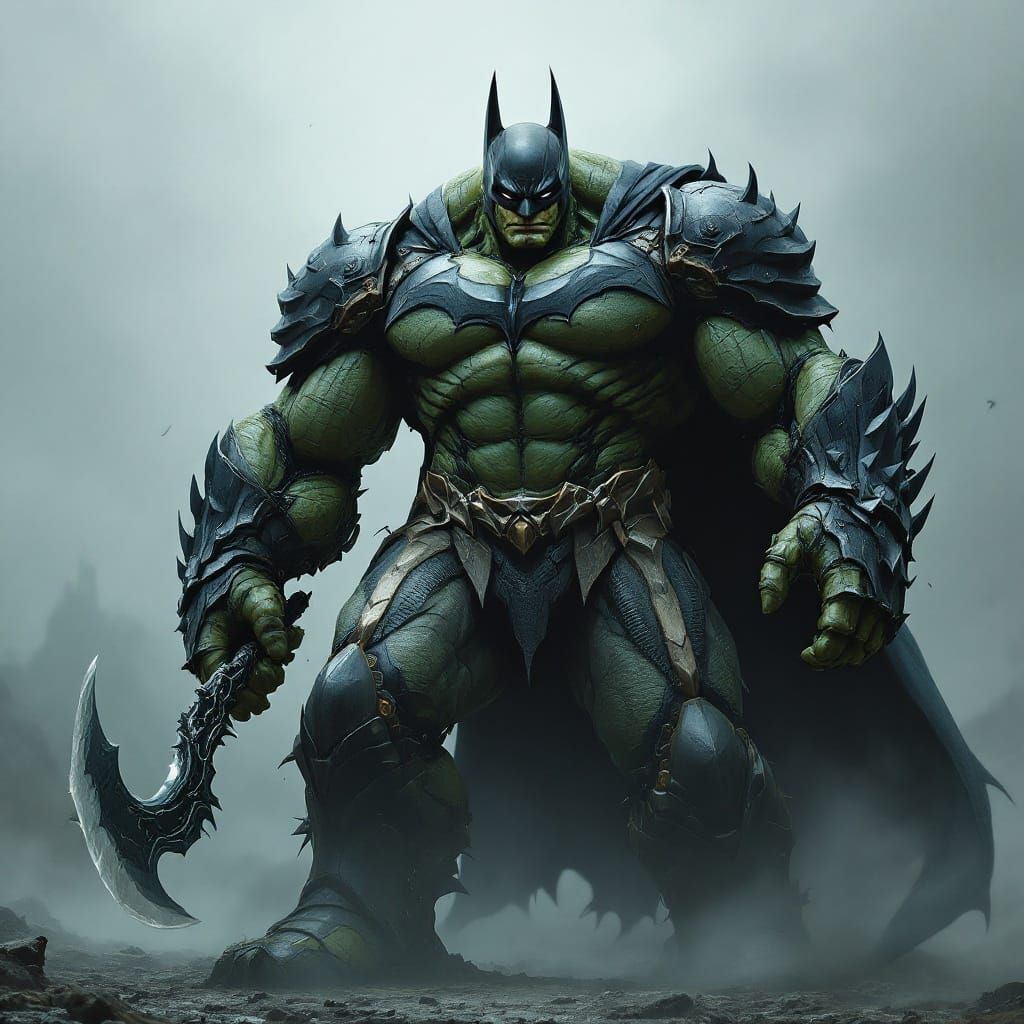 Hulk/Batman Hybrid in Foggy Battlefield