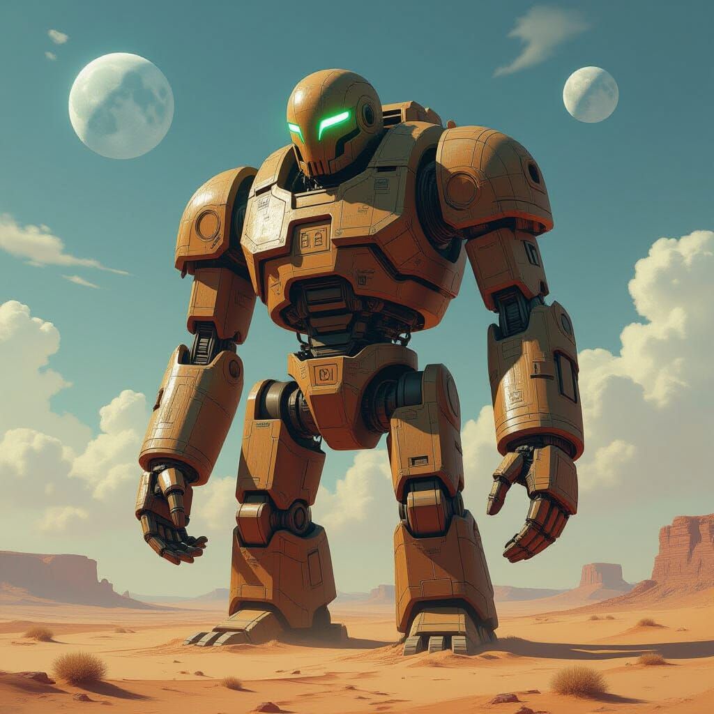 Colossal Wooden Automaton in Alien Desert Landscape