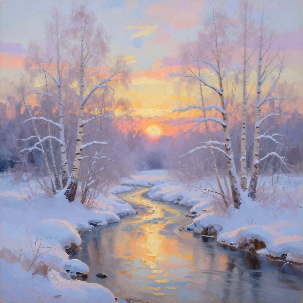 Dreamy Winter Landscape: Impressionist Sunrise Oil Painting