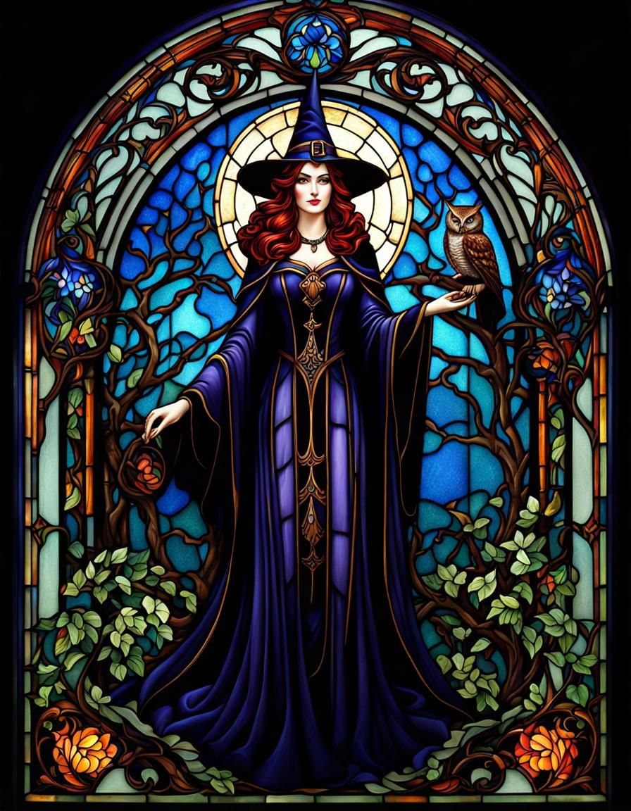 Art Nouveau Stained Glass: Witch and Owl