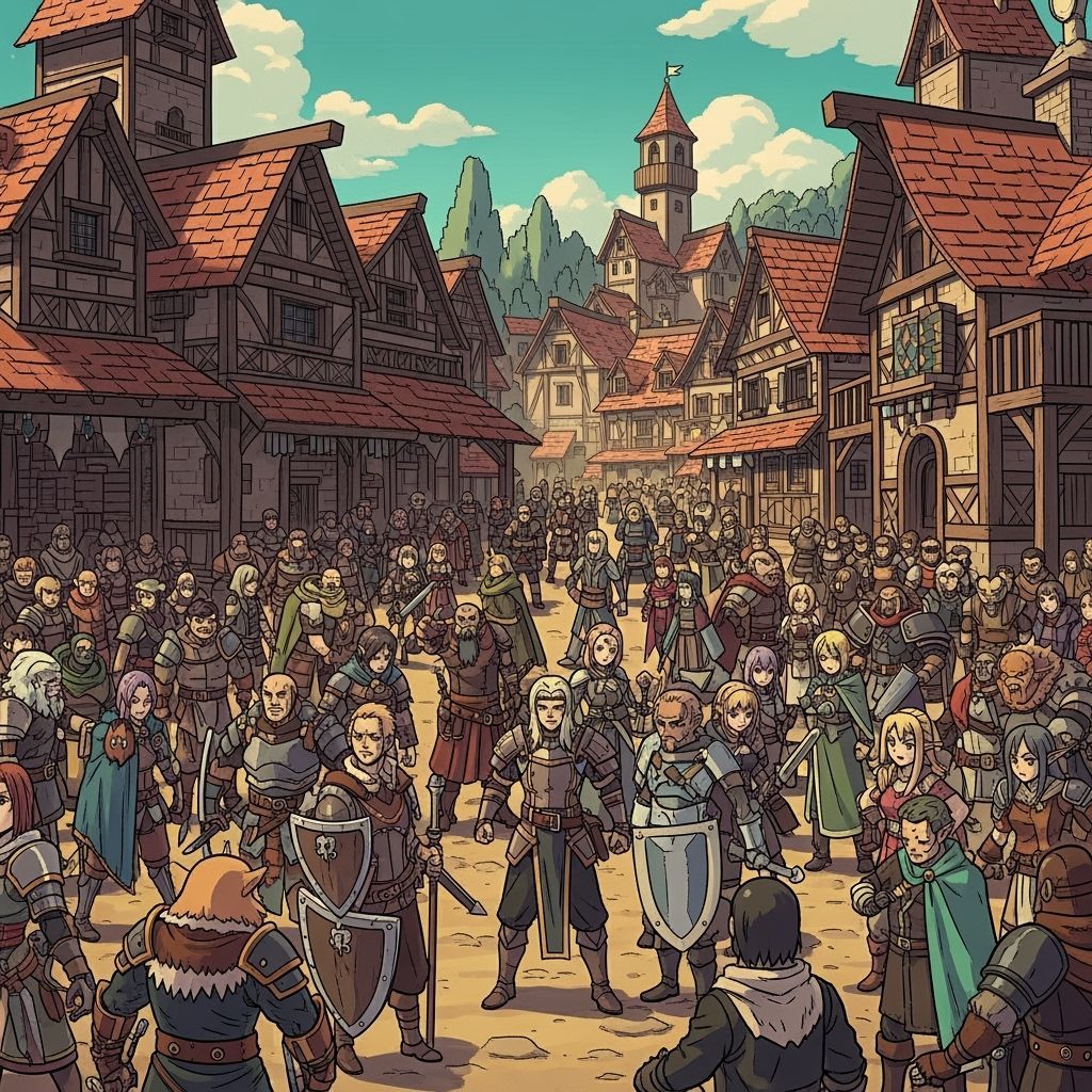 Vibrant Guild Hall with Diverse Fantasy Heroes