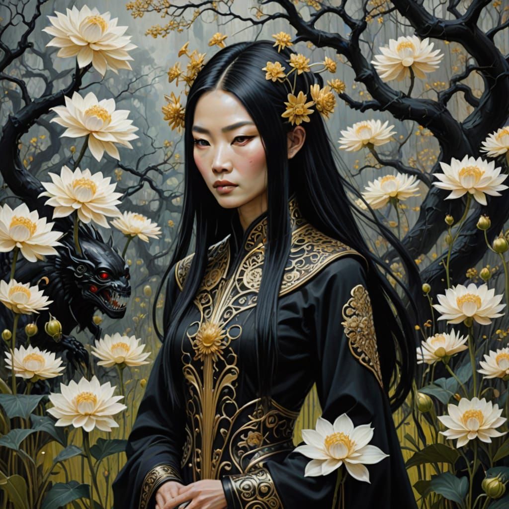 Slender Asian Woman in Alien Garden Oil Painting