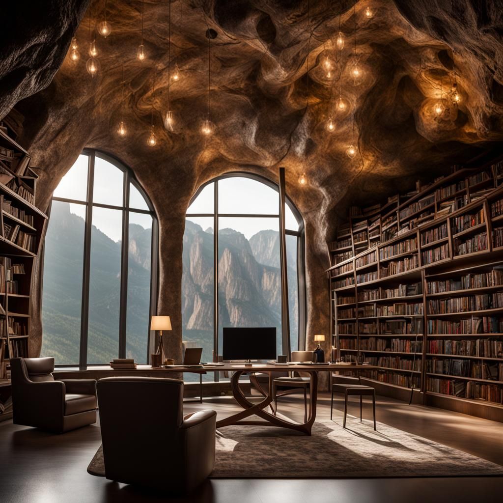 Luxurious Super Villain Library in Cave, Professional Photog...
