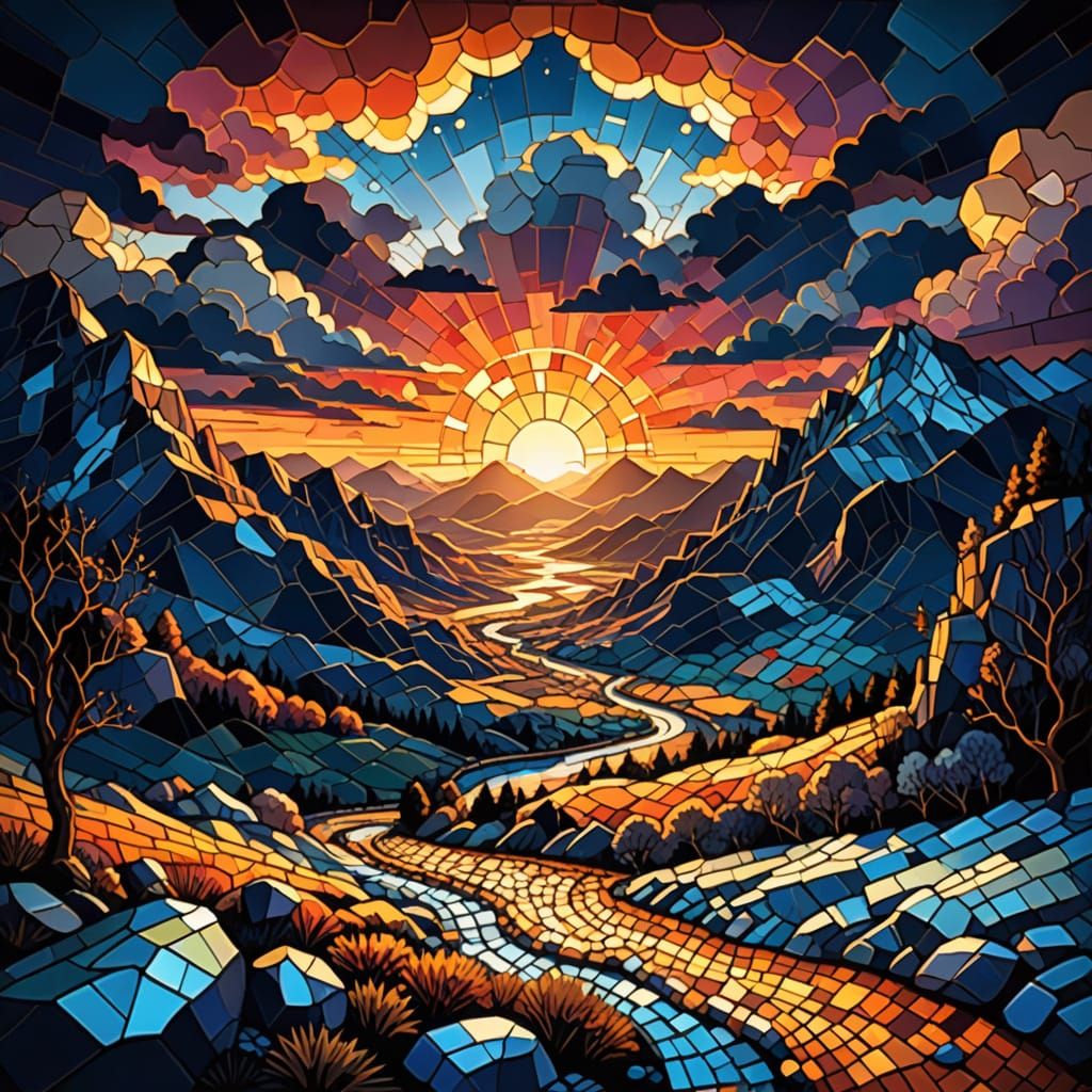 Winter Valley Sunrise in Mosaic Art Style