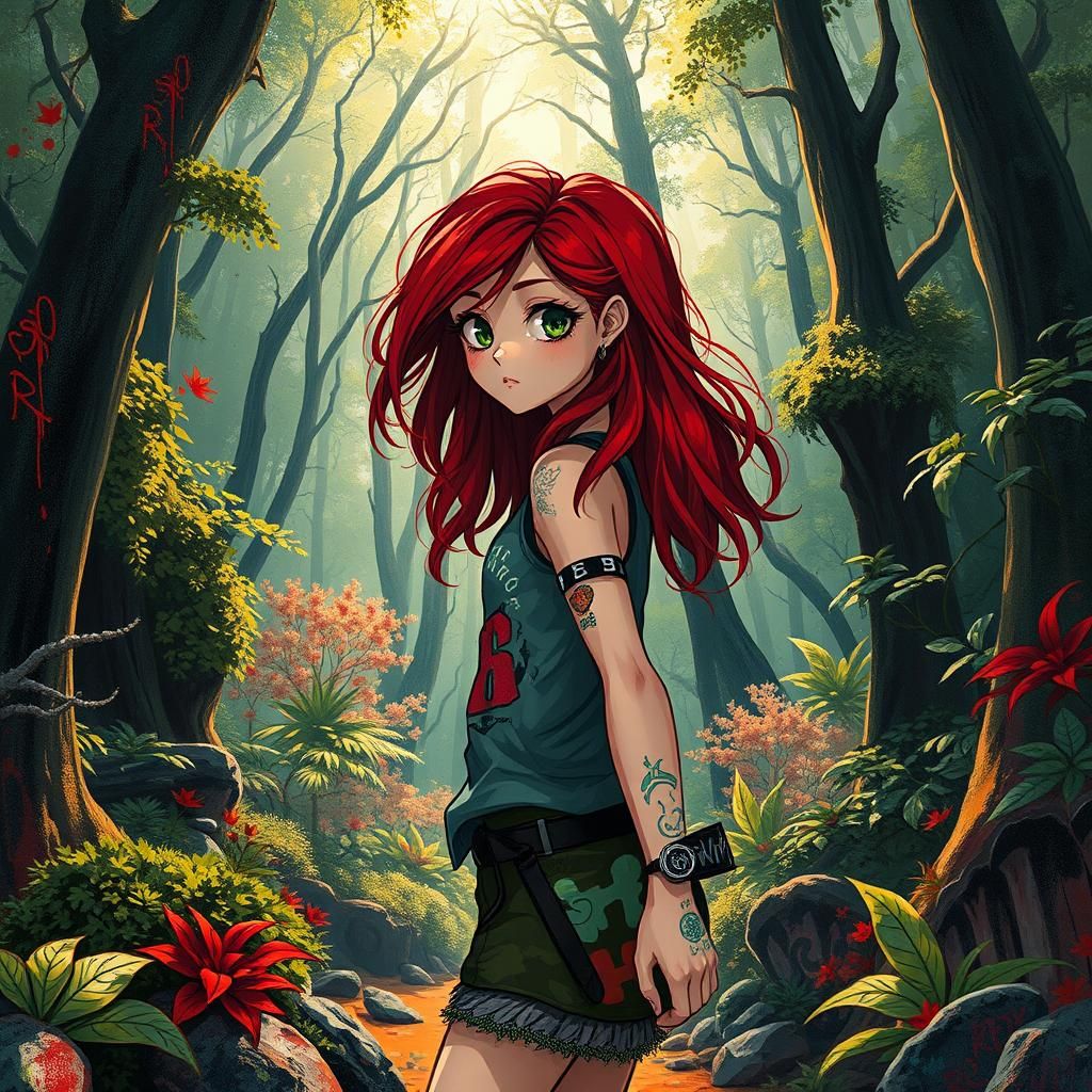 Red-Haired Girl in Mystical Forest, Street Art Style