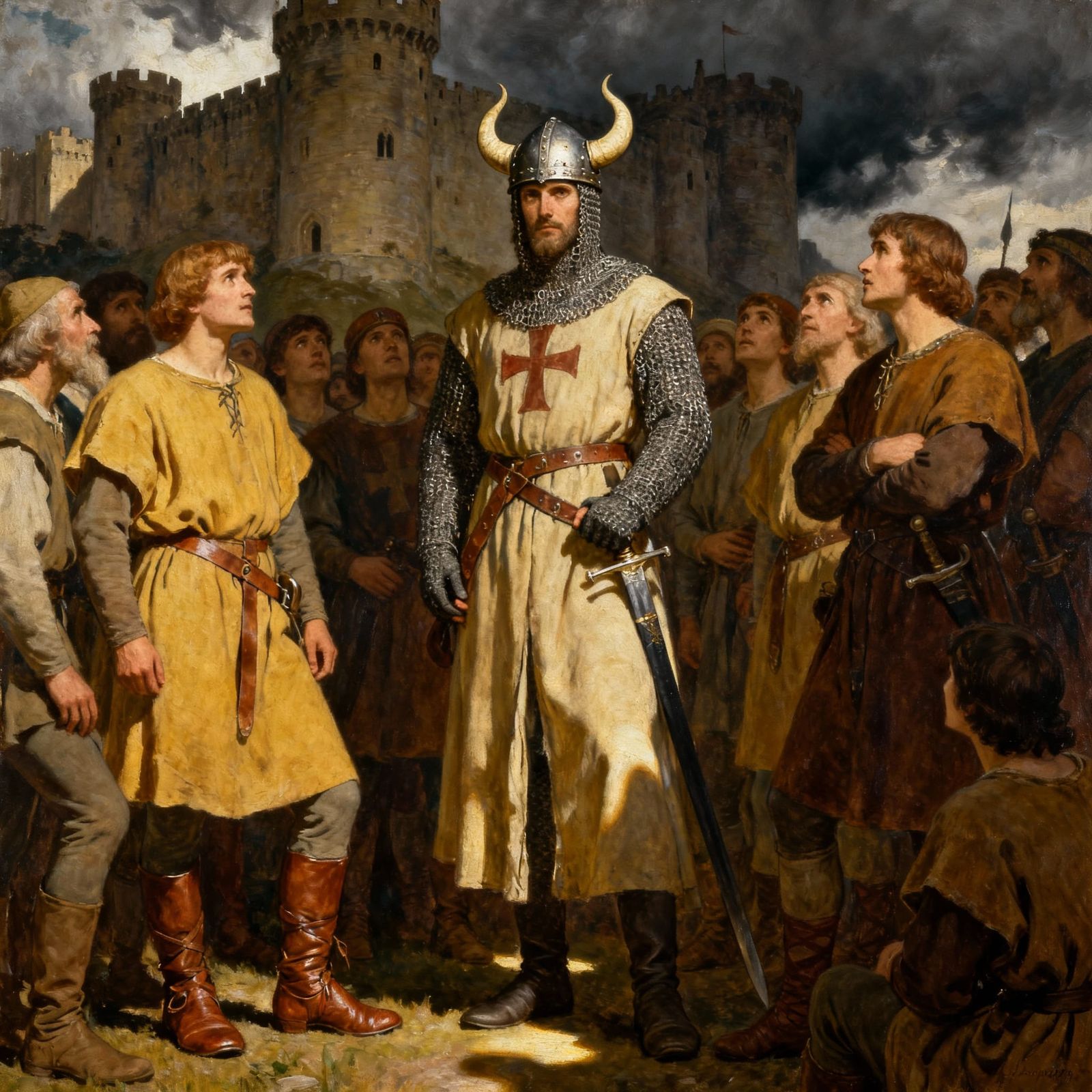 Norman Lord Oversees Saxon Subjects in Oil Painting