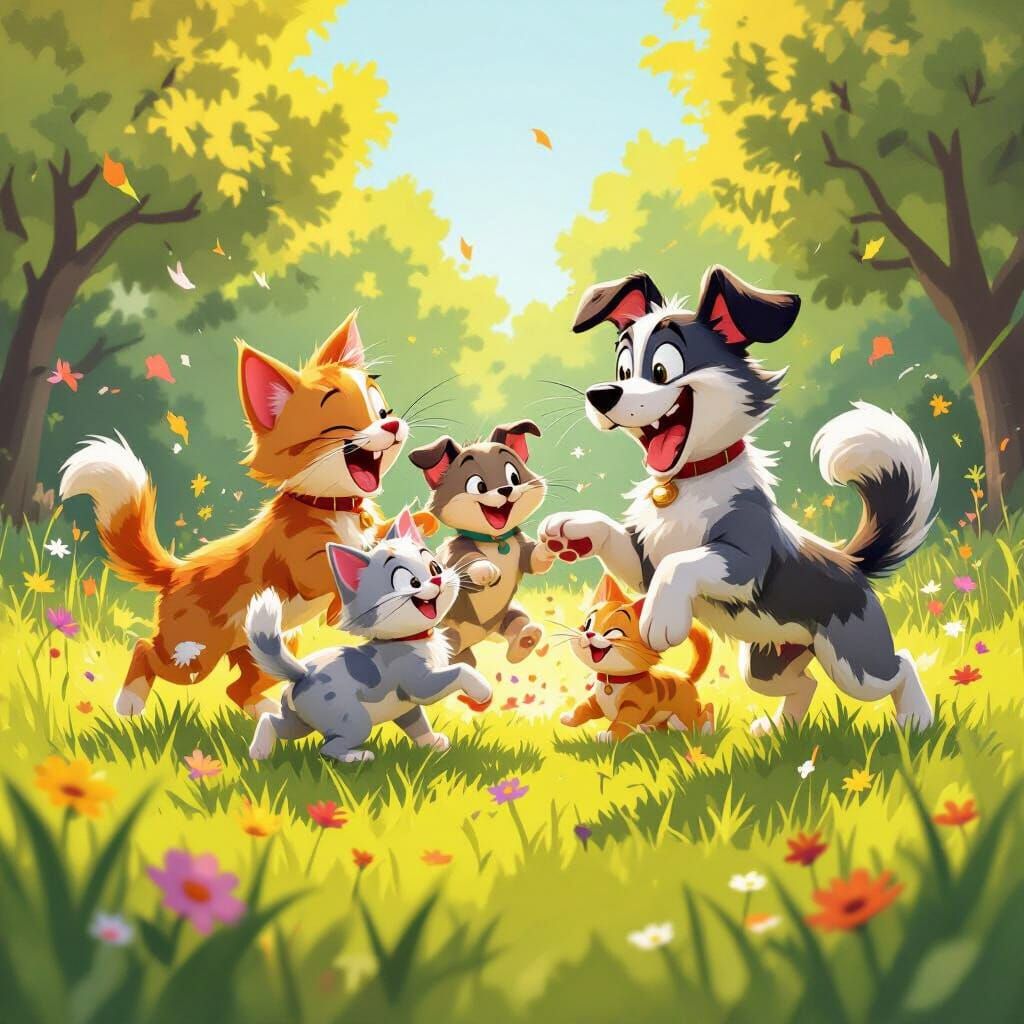 Playful Cats and Dogs Battle in Cartoonish Style
