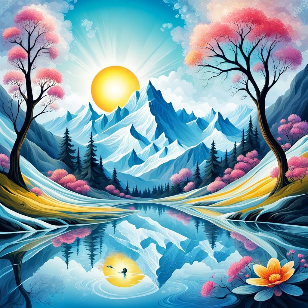 Spring Mountain Landscape in Ink Painting Style