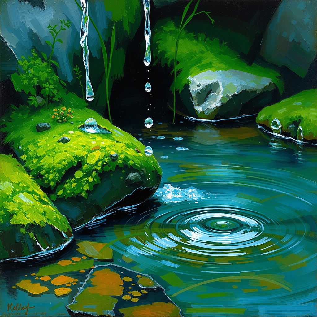 Neo-Impressionist Water Droplets on Mossy Rocks