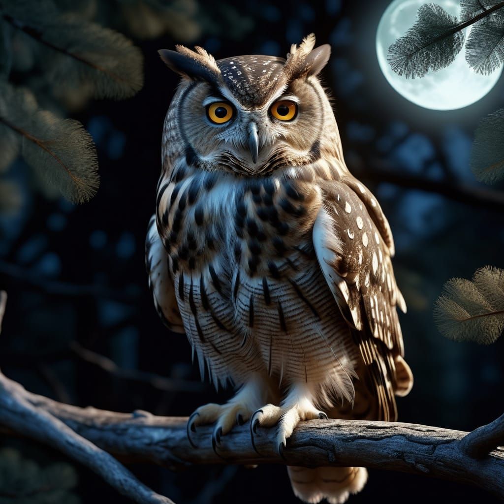 Photorealistic Owl Perched on Branch in Moonlight