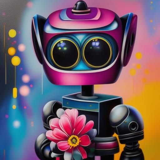 Sad Robot Offers Tulips in Graffiti Art Style