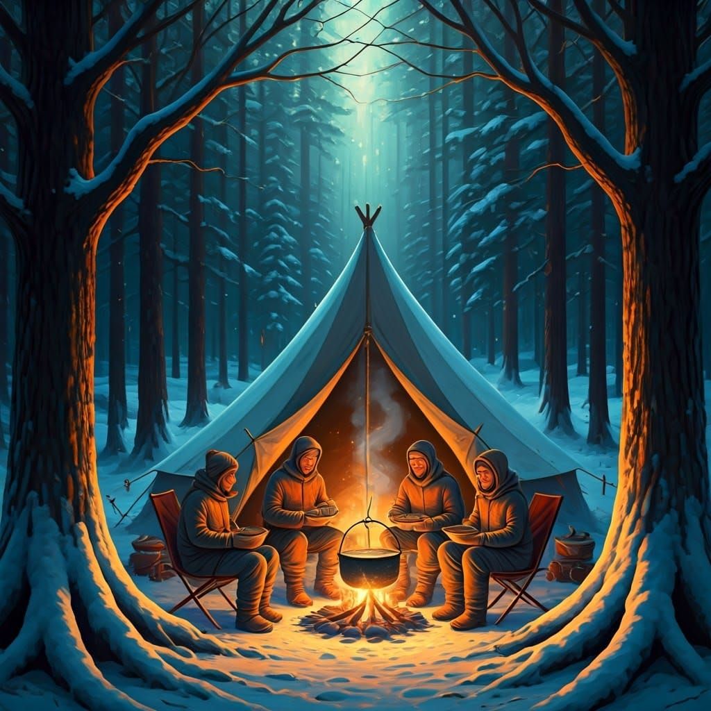 Winter Campsite Scene in Vibrant Oil Painting Style