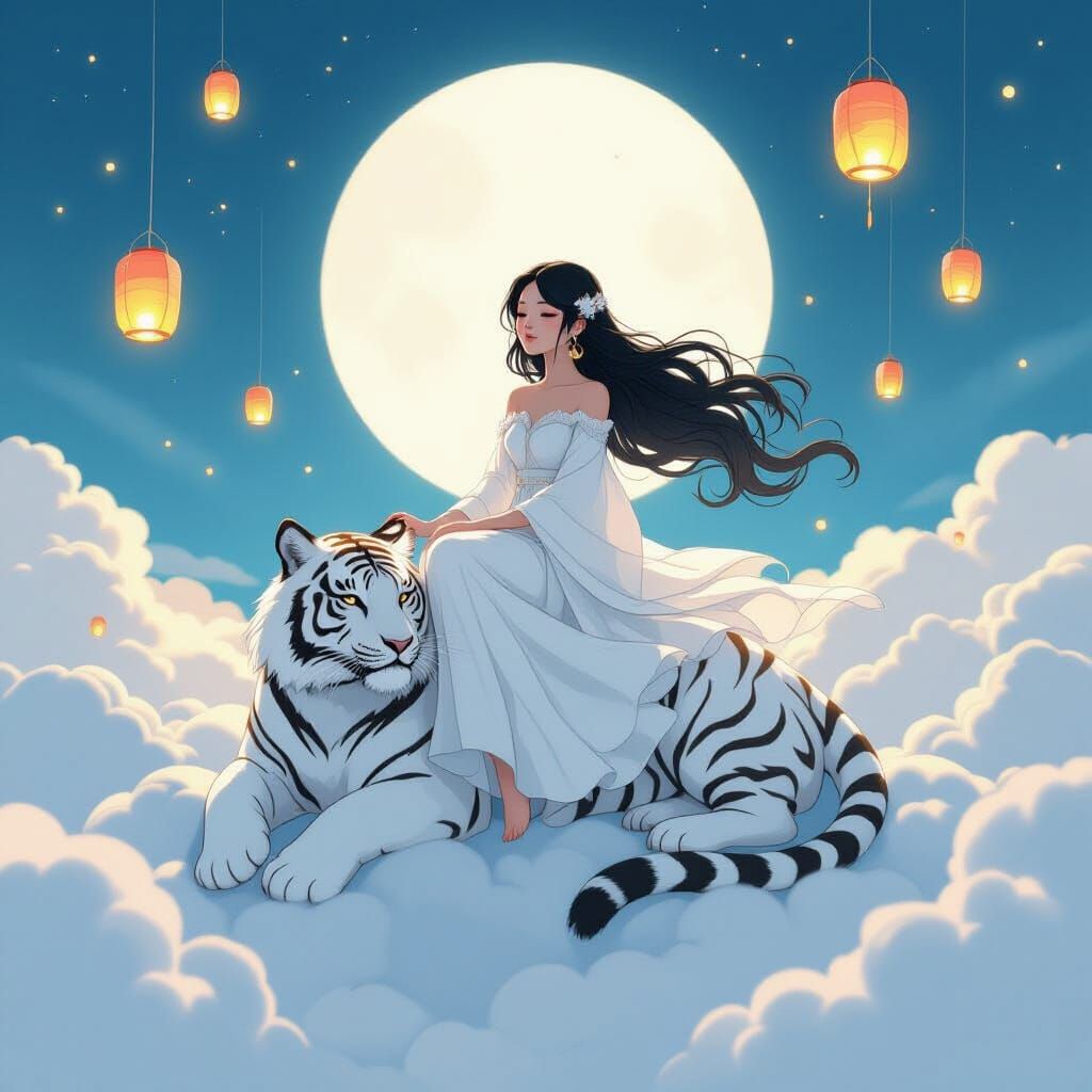 Girl with White Tiger Floating Above Cloud Sea