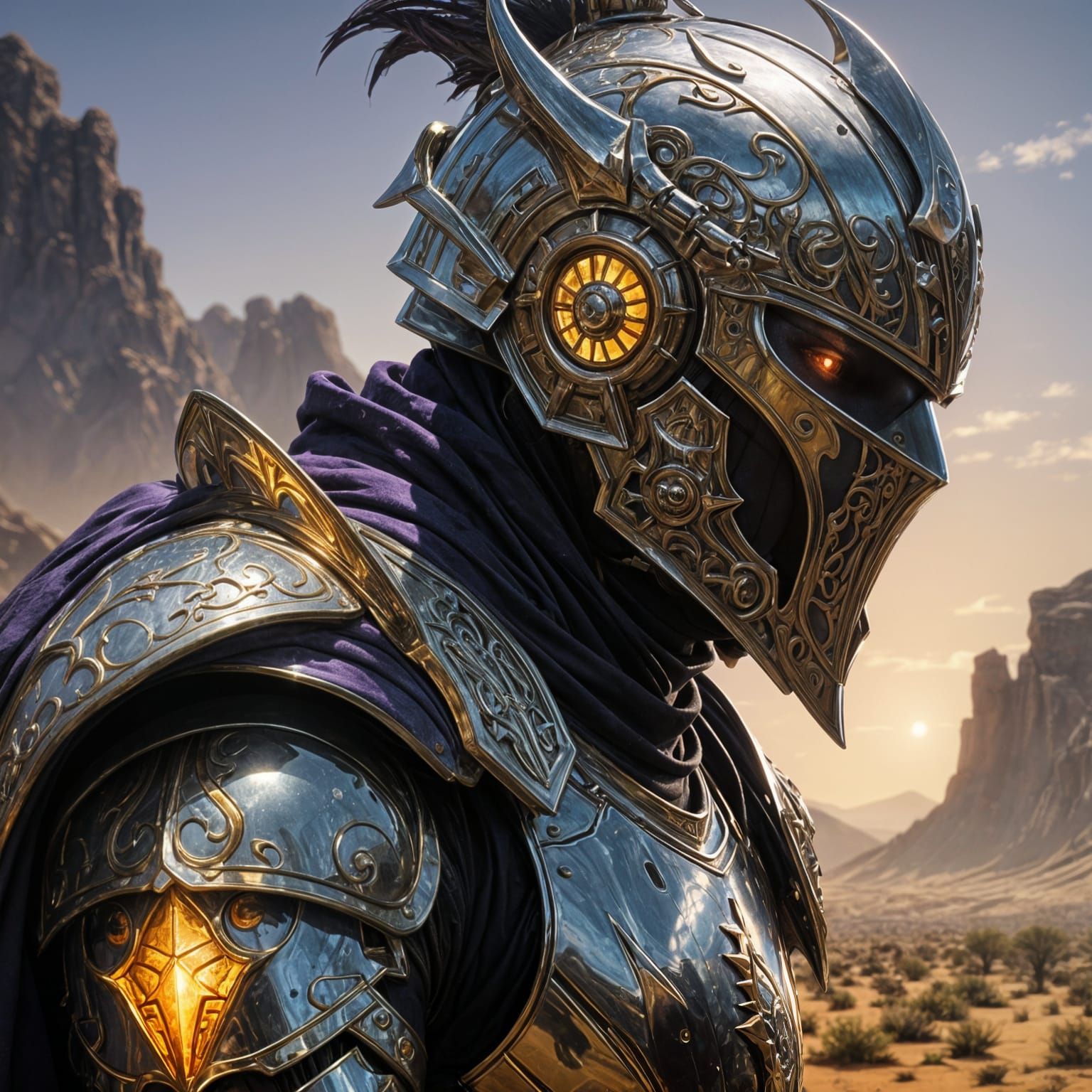 Sci-Fi Knight with Fiery Helmet in Desert Landscape