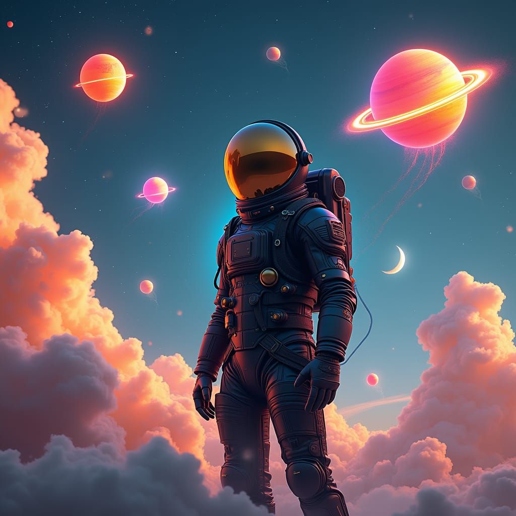 Astronaut Among Balloon Planets in Cyberpunk Style