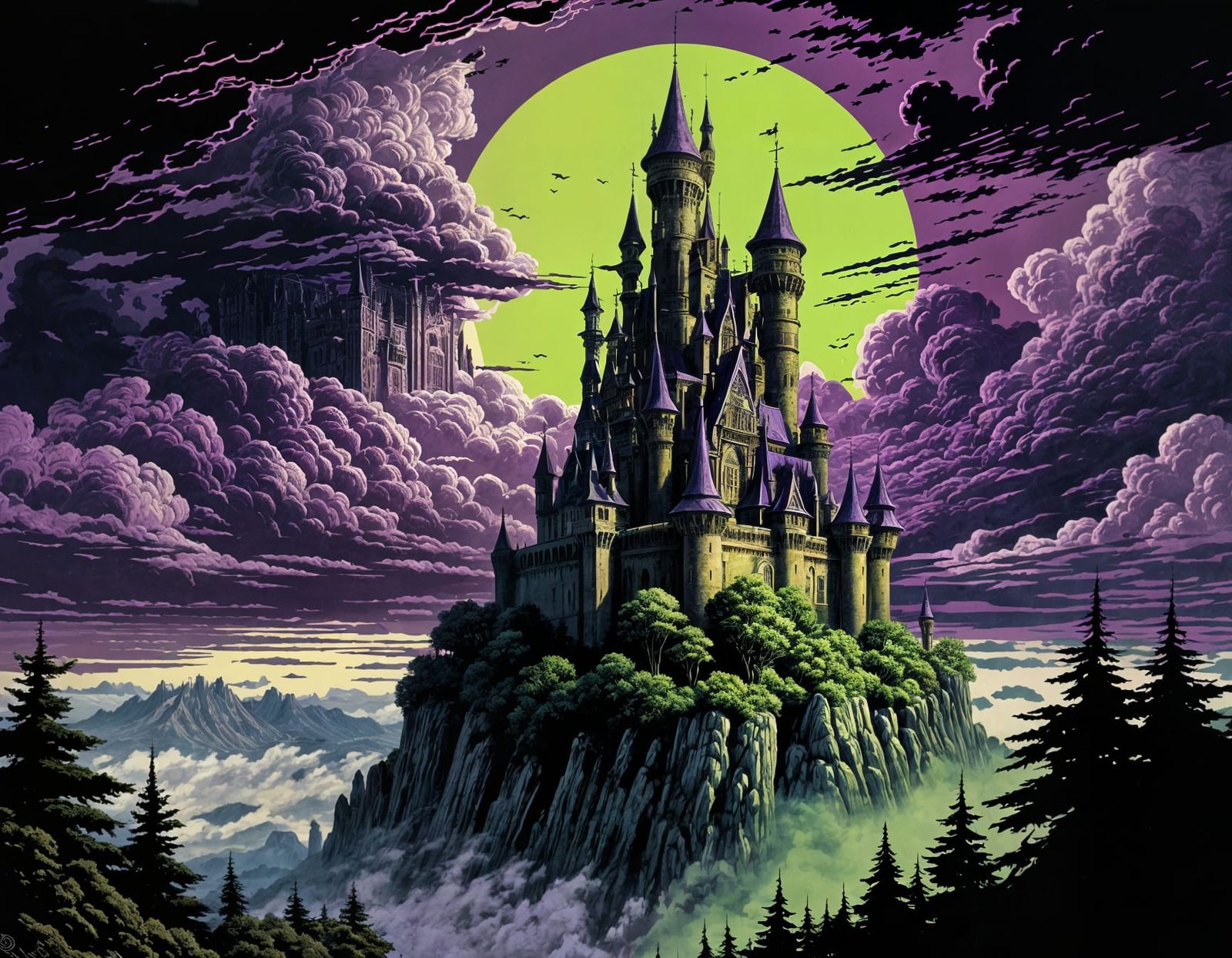 Gothic Brutalist Castle in Radioactive Skies, Ink Art Style