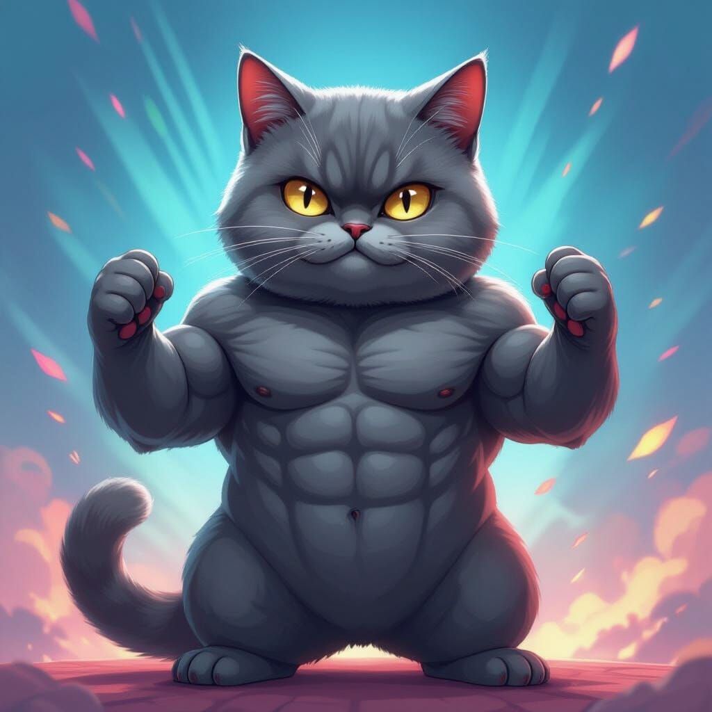 Muscular Grey British Shorthair Cat in Anime Style