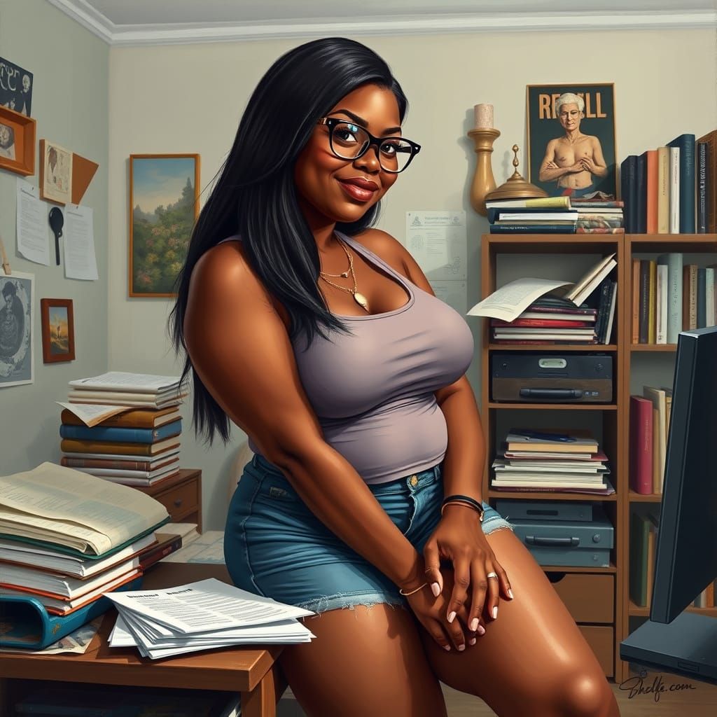 Curvy Woman in Bedroom, Hockney-esque Style