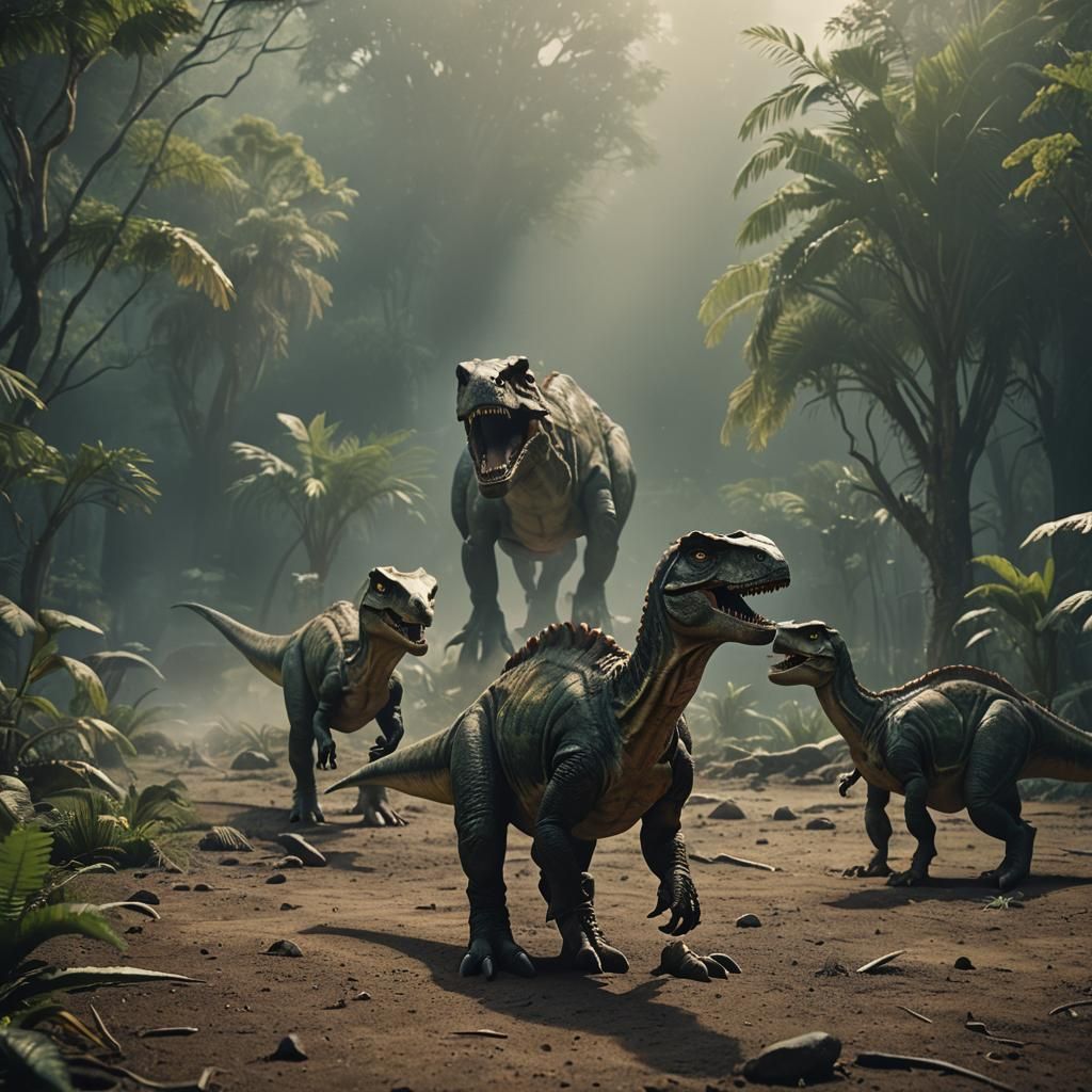 Dramatic Dinosaurs in Cinematic Film Still