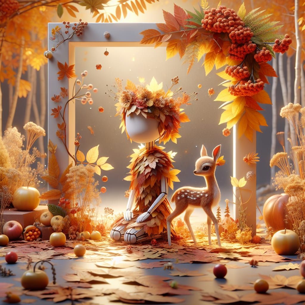 Enchanting Autumn Avatar with Fawn in 3D Rendered Scene