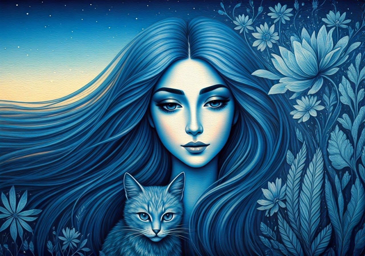 Mystical Blue Scene with Woman and Cat Hybrid