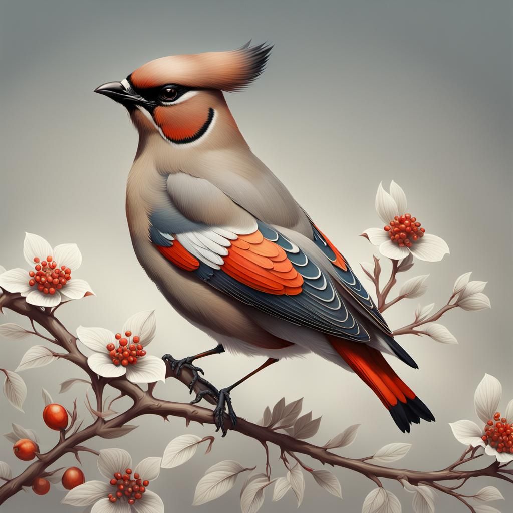 Ethereal Bohemian Waxwing Bird, Adorned with Intricate Detai...