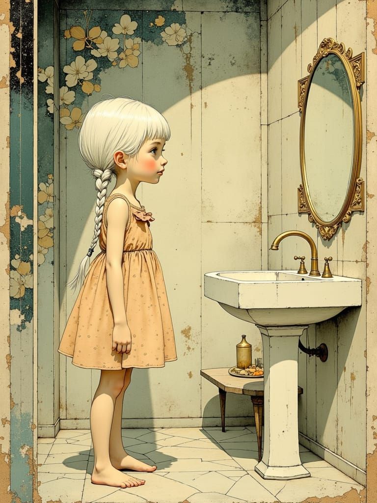 Girl in Art Deco Bathroom, Rackham-esque Illustration