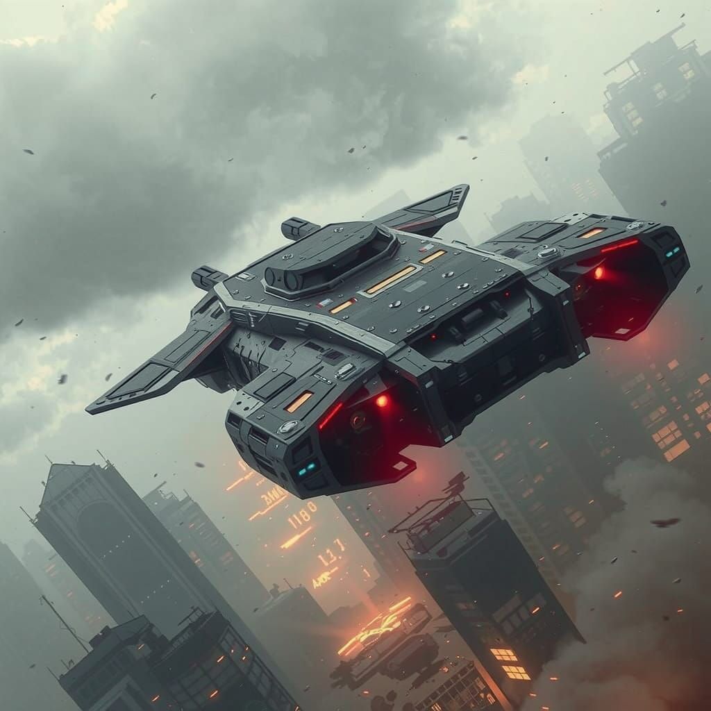 Cyberpunk Flying Tank Soars Through Dystopian Skies