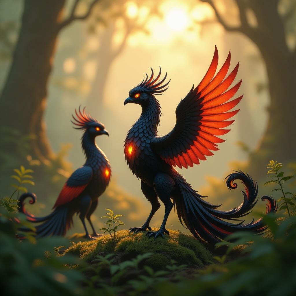 Mystical Shadow Phoenix Figurines in Whimsical Forest