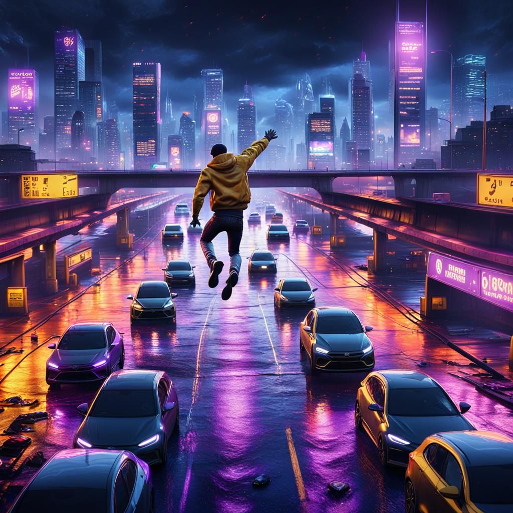 Futuristic Cityscape: Leaping Across Freeway Cars
