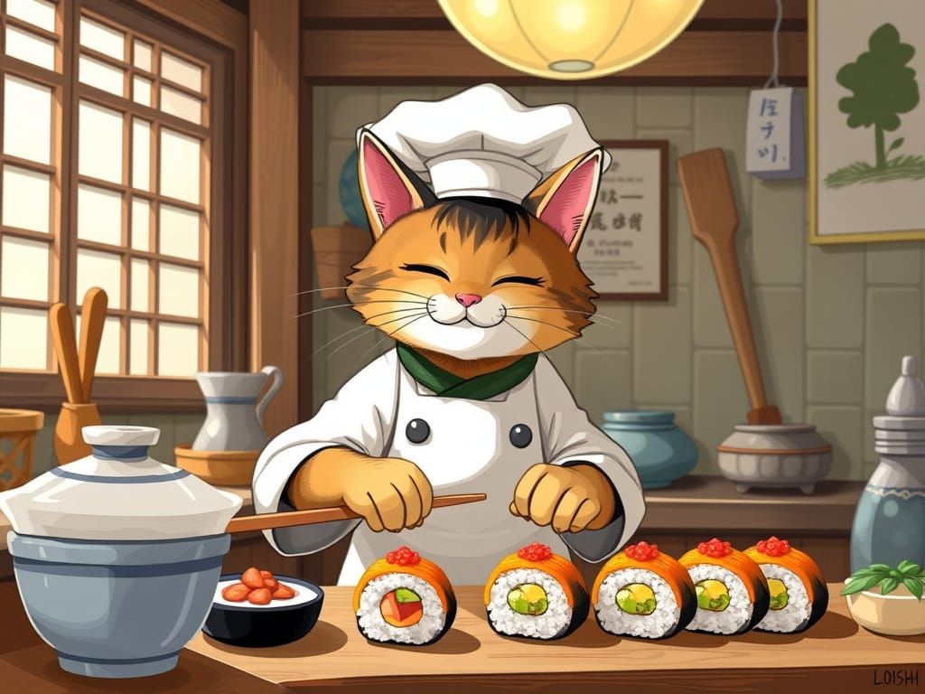 Cat Chef Prepares Sushi in Whimsical Anime Style