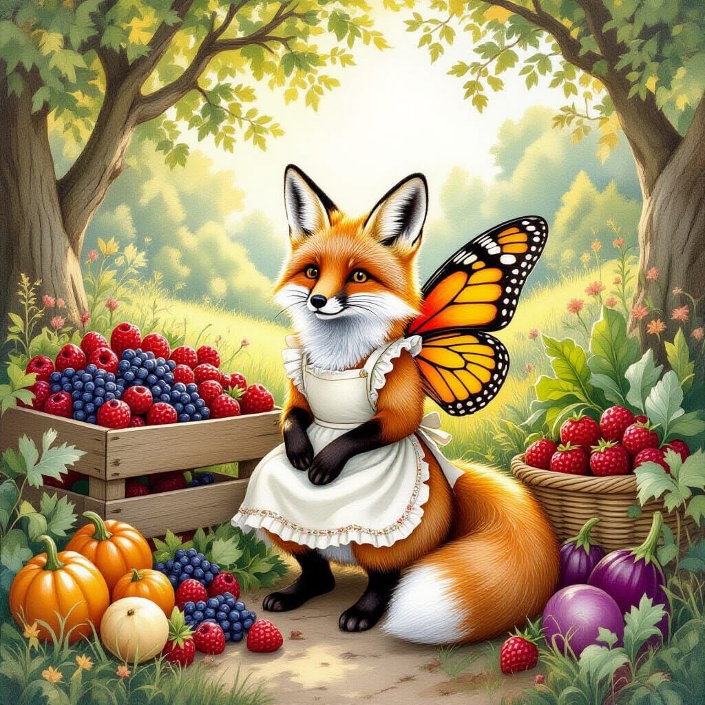 Woodland Fox with Butterfly Wings at Farmstand