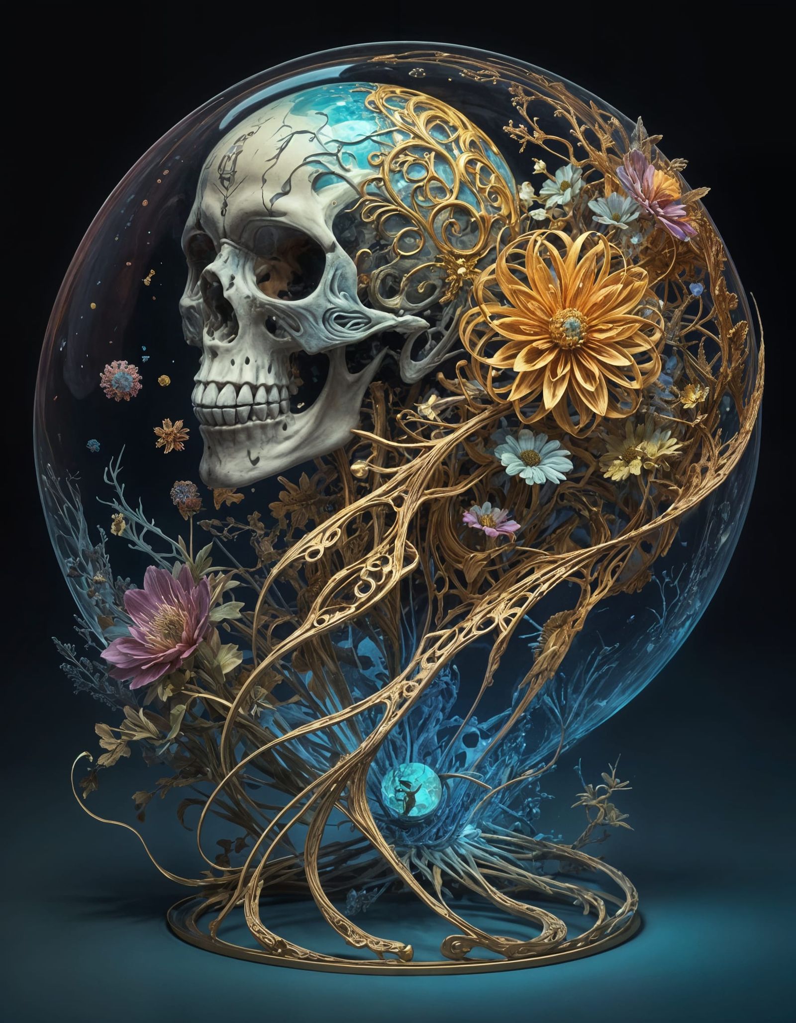 Surrealistic Skeletal Flower in Art Nouveau Style