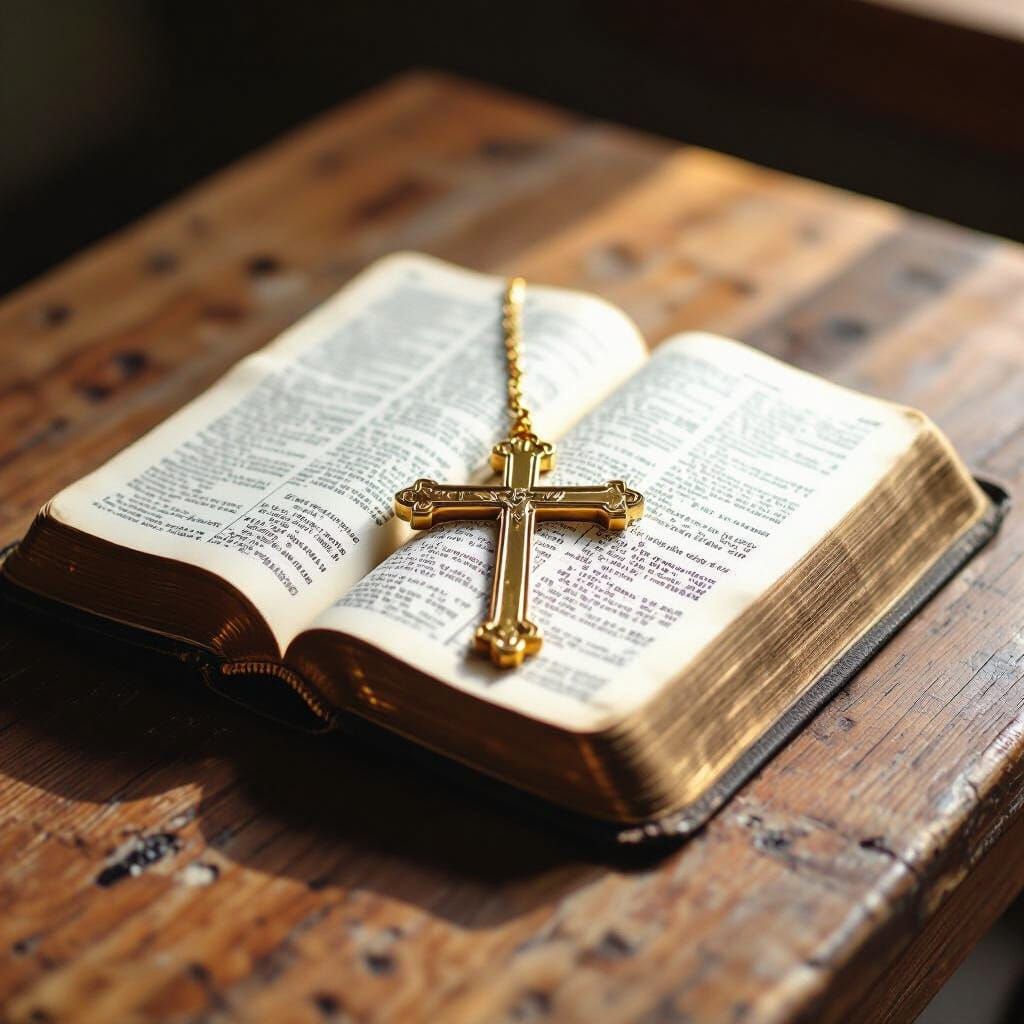 Gold Cross and Bible Still Life, Art Nouveau Style