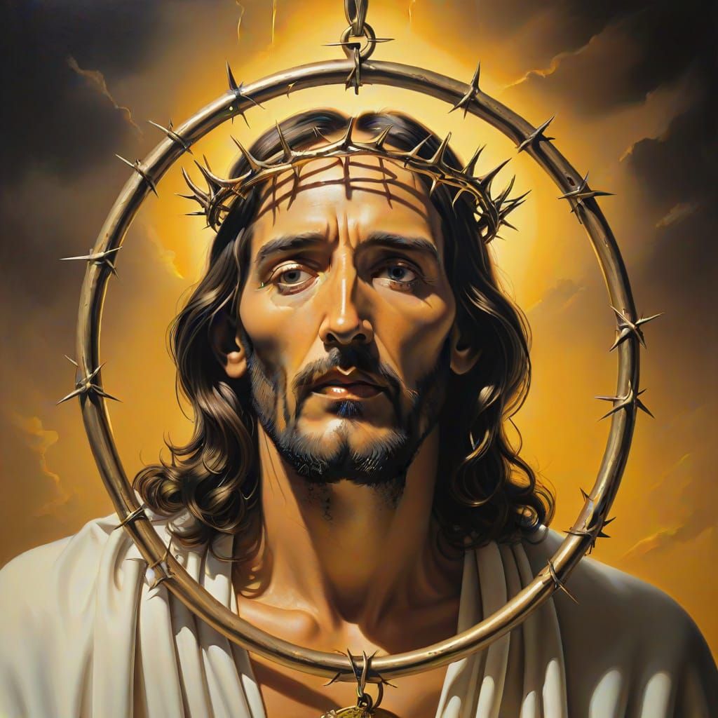 Jesus Christ in Surrealist Oil Painting With Rings