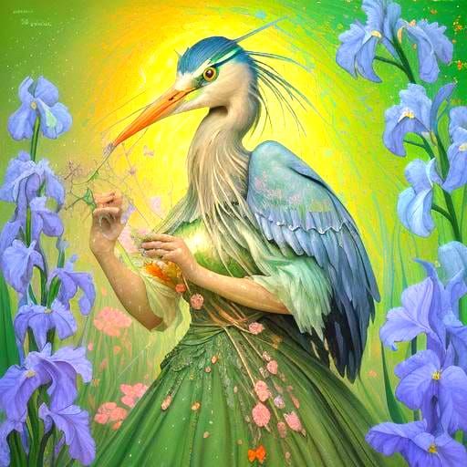Moorish Heron with Iris in Neo-Impressionist Style