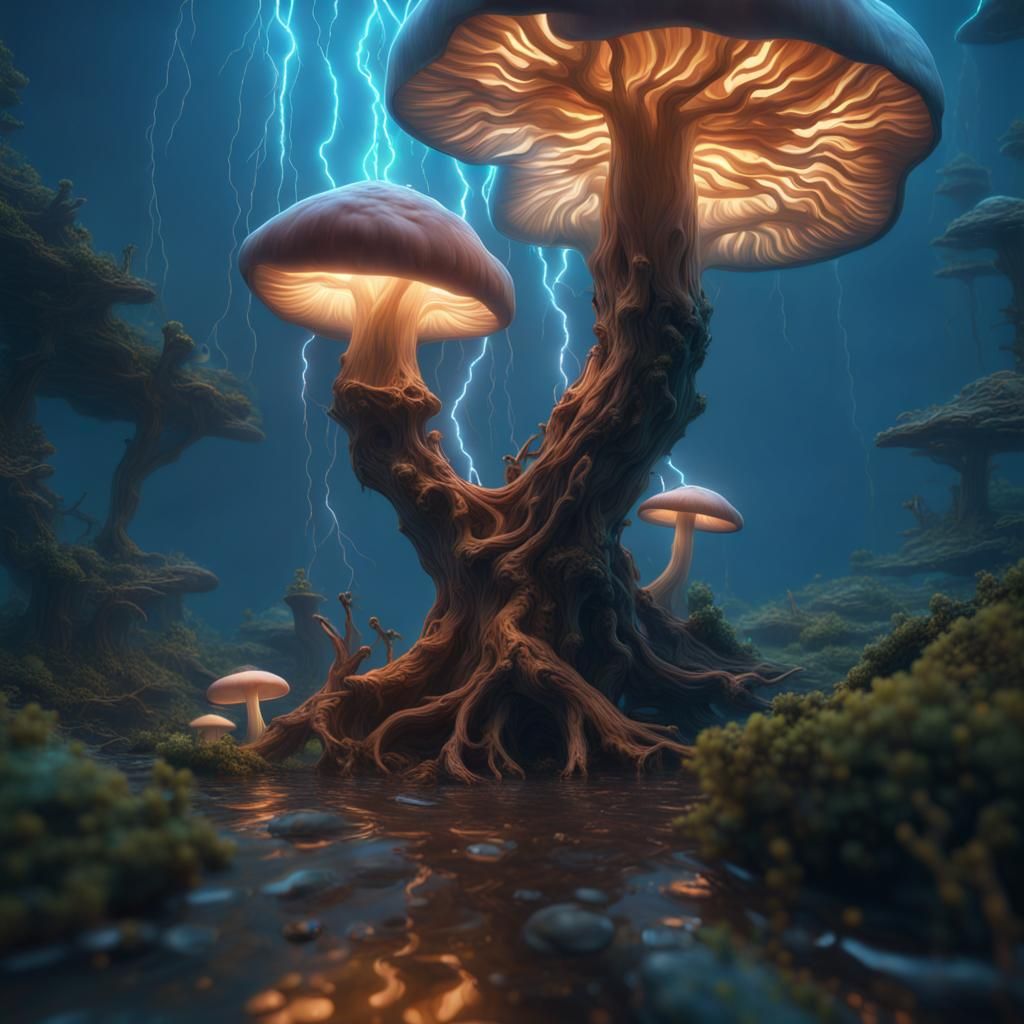 Underwater Glowing Mushroom Tree in Detailed Matte Painting