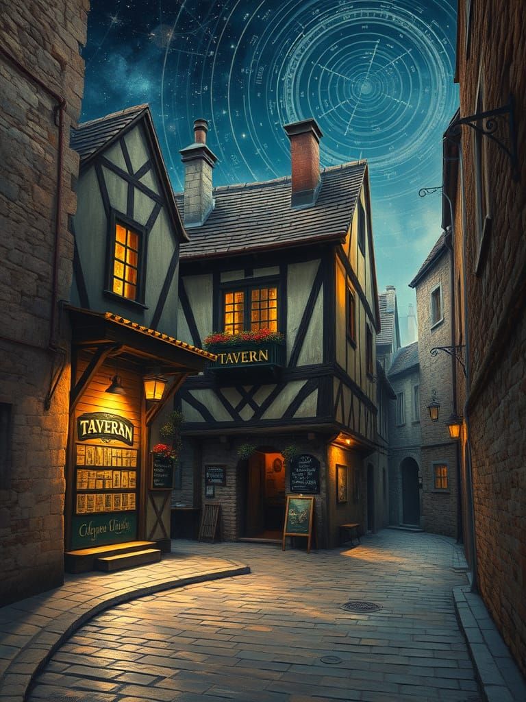 Medieval Tavern Light on Cobblestone Street