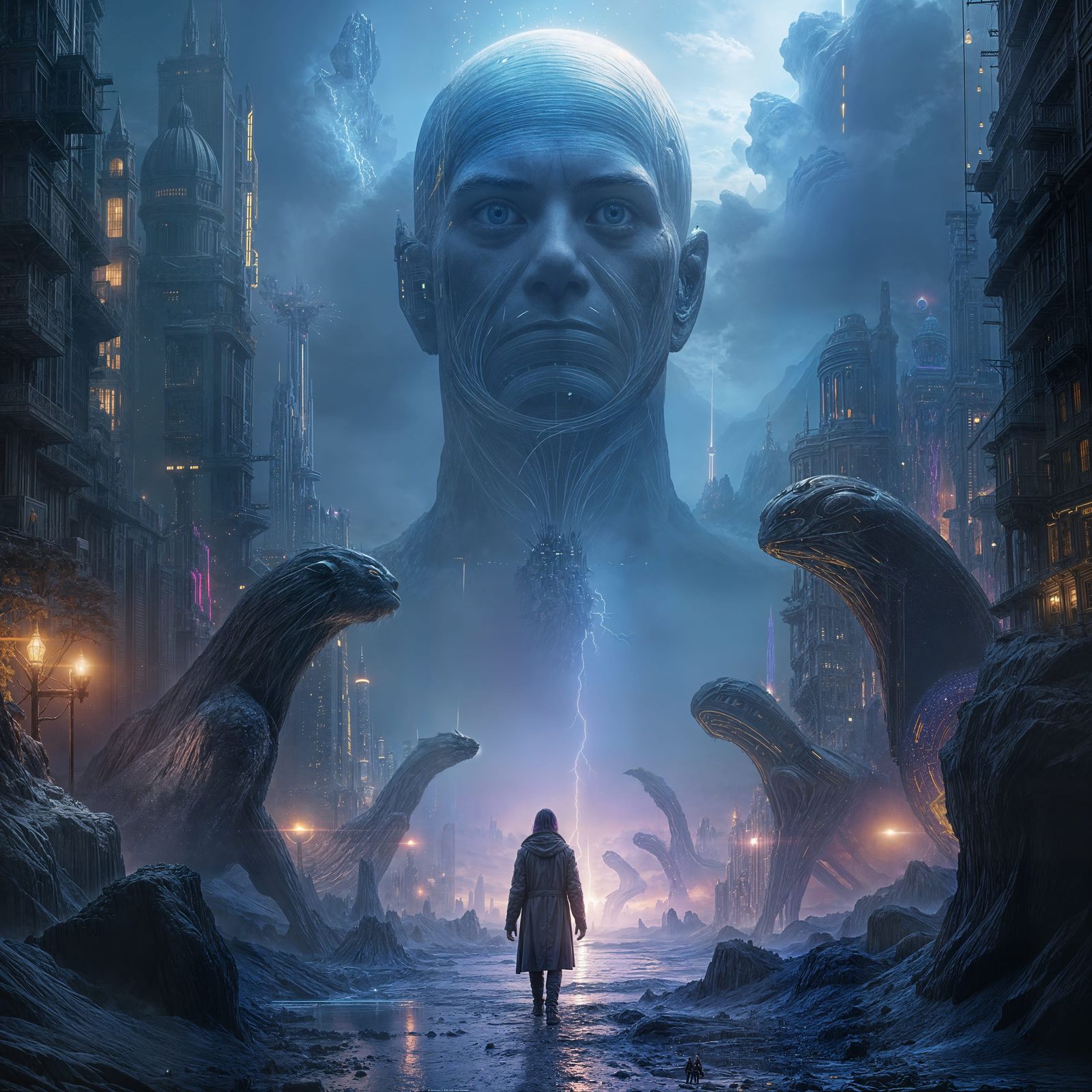 Futuristic Cityscape with Magical Creatures in Surreal Light...